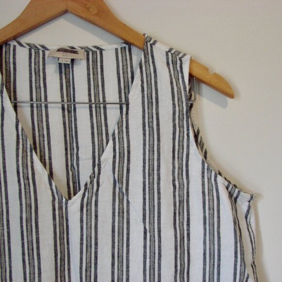 Linen Striped Sleeveless Top Blue White Gold Lurex Ruffle Hem Flowy Large Petite - Picture 6 of 11